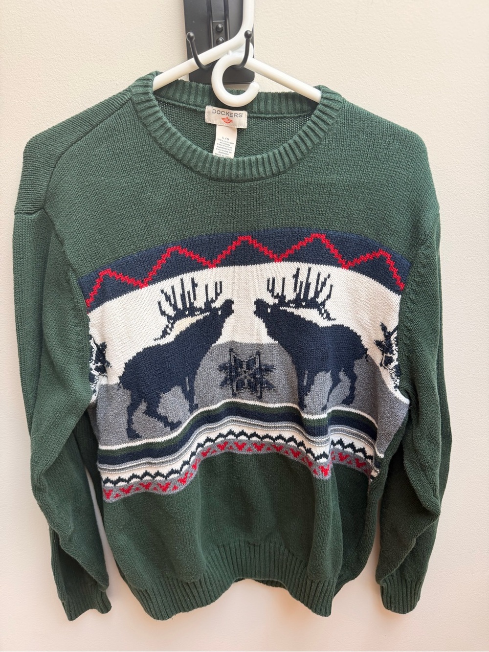 Vintage Dockers 100% Cotton Green Moose Pattern Crewneck Sweater Christmas